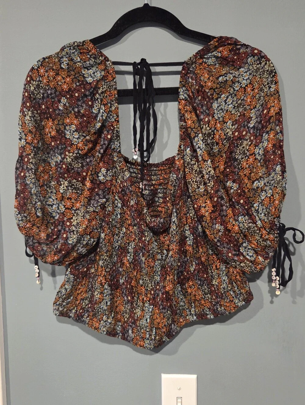 Free People Floral Smocked Puff Sleeve Blouse